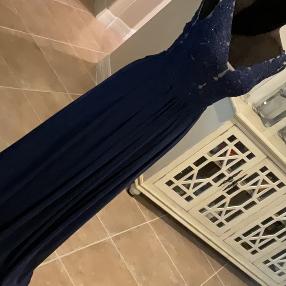 Sherri Hill back zip navy gown, illusion/beaded top, size 4